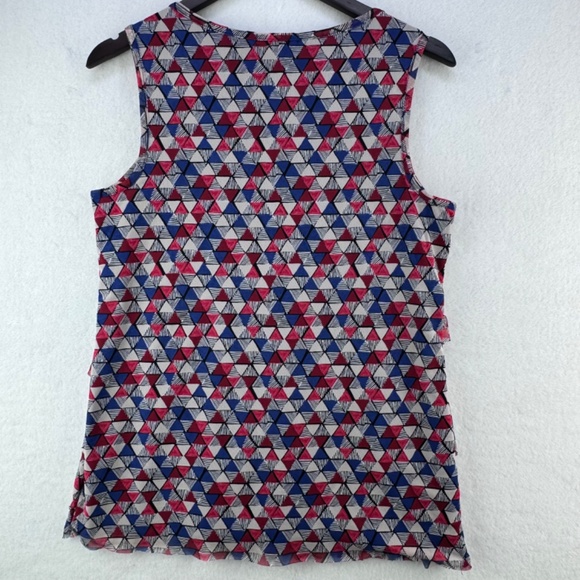 Roz Ali Blouse Women Sz M Tiered ruffle sleeveless triangle print blue red gray - Picture 2 of 6